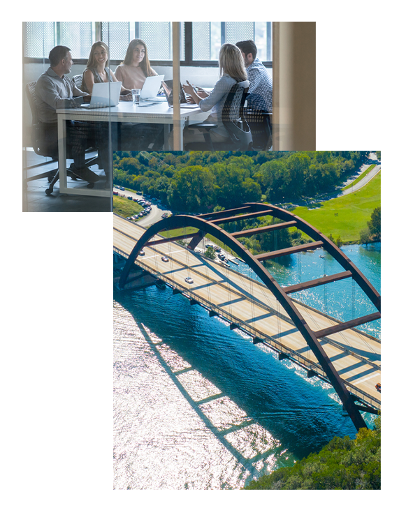 An office meeting being overlapped by a picture of a bridge